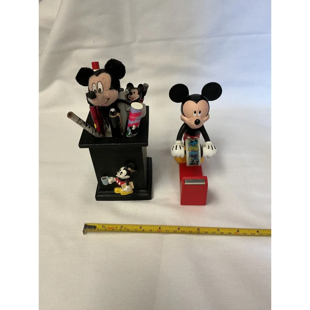 Disney Mickey Mouse Desk Set Tape Dispenser Pencil Cup and Vintage Pens Lot